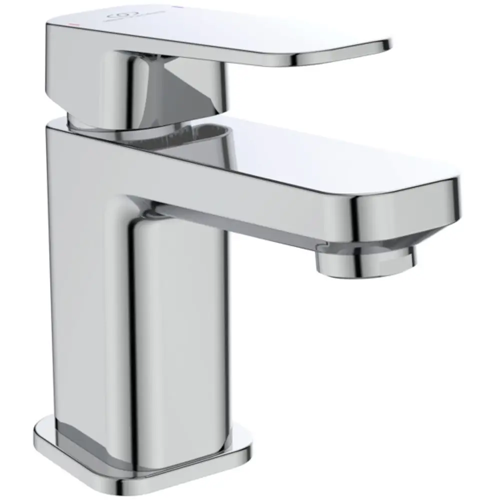 Waschtischarmatur aus Chrom von Ideal Standard mit flacher Armaturenausführung und seitlichem Auslauf. Geeignet für die Montage an Waschbecken.